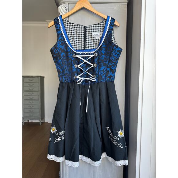 Edelweiss Barvarian Dirndl Dress Blue & Black -Dress Only Sz S Cottagecore Dress - Picture 1 of 11